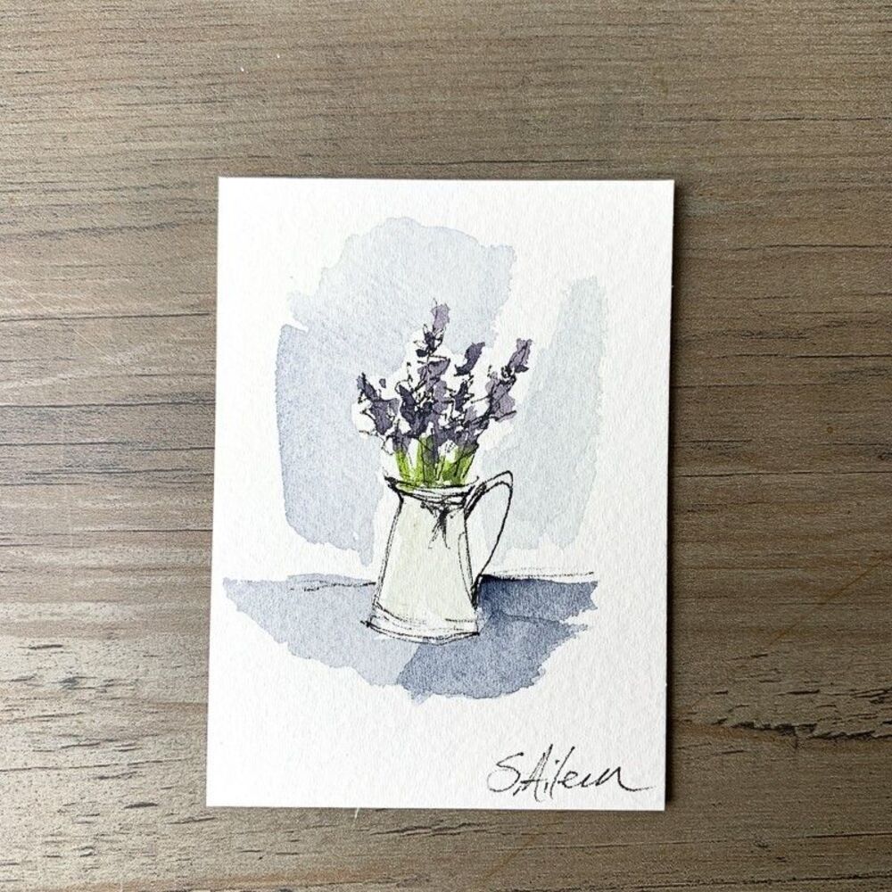 ACEO Painting Watercolor Ink Lavender Purple Flower in Vase Botanical IV Signed - Picture 2 of 2